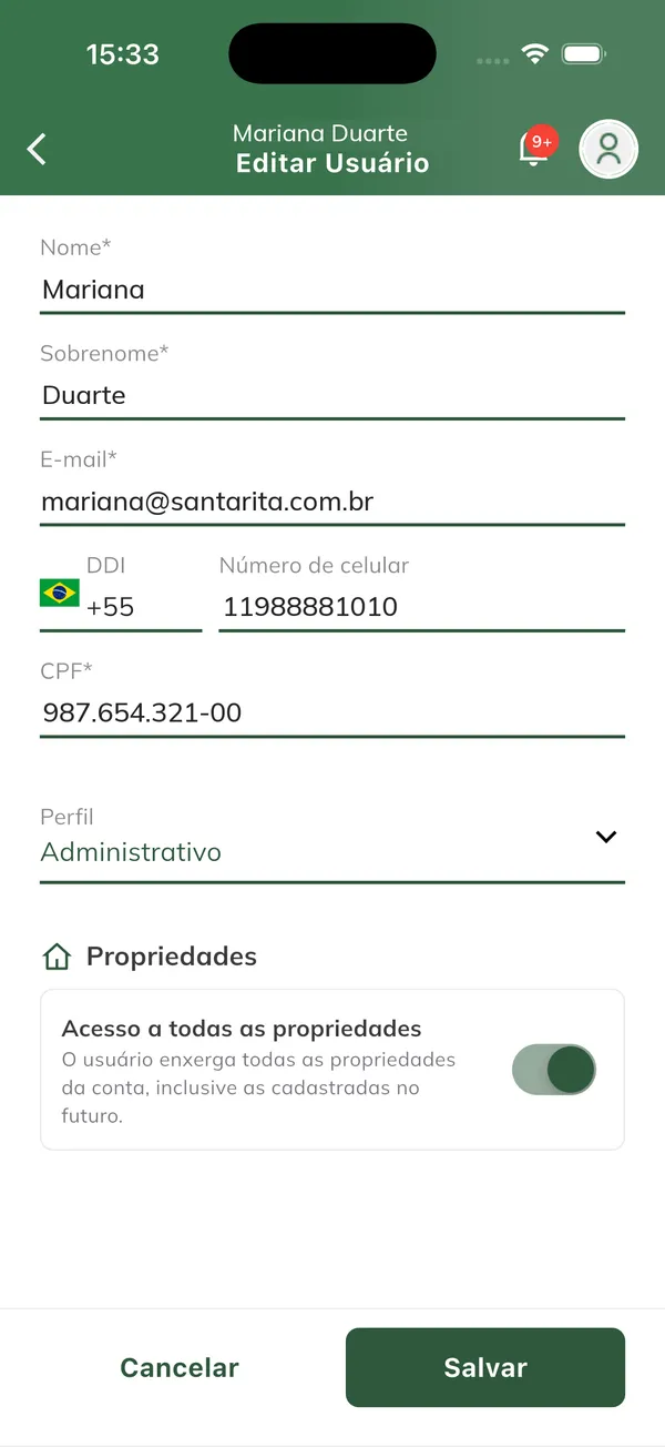 Formulário do usuário com acesso total