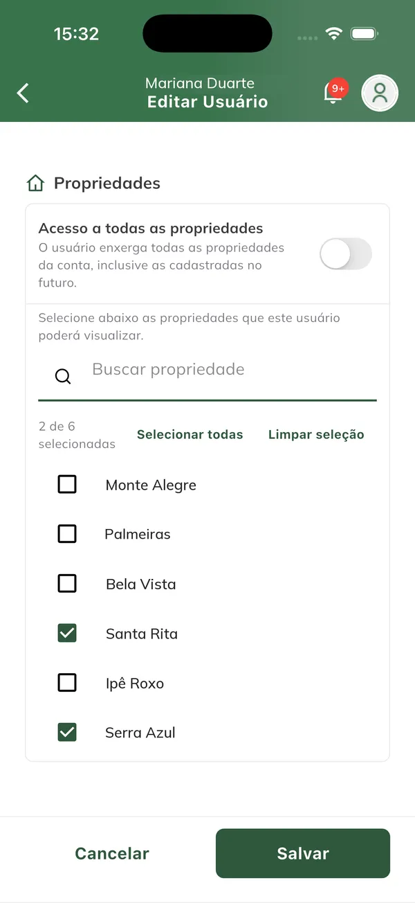 Seleção de propriedades do usuário