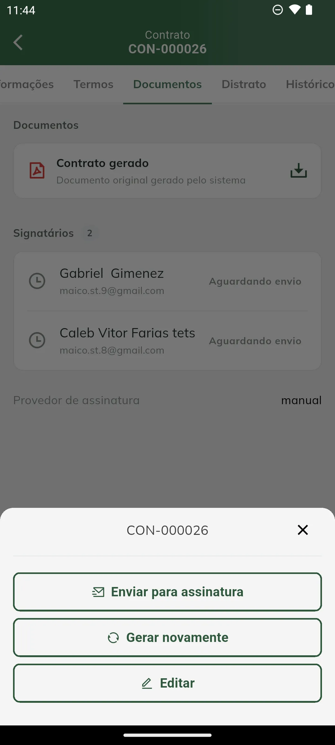 Menu de ações do contrato