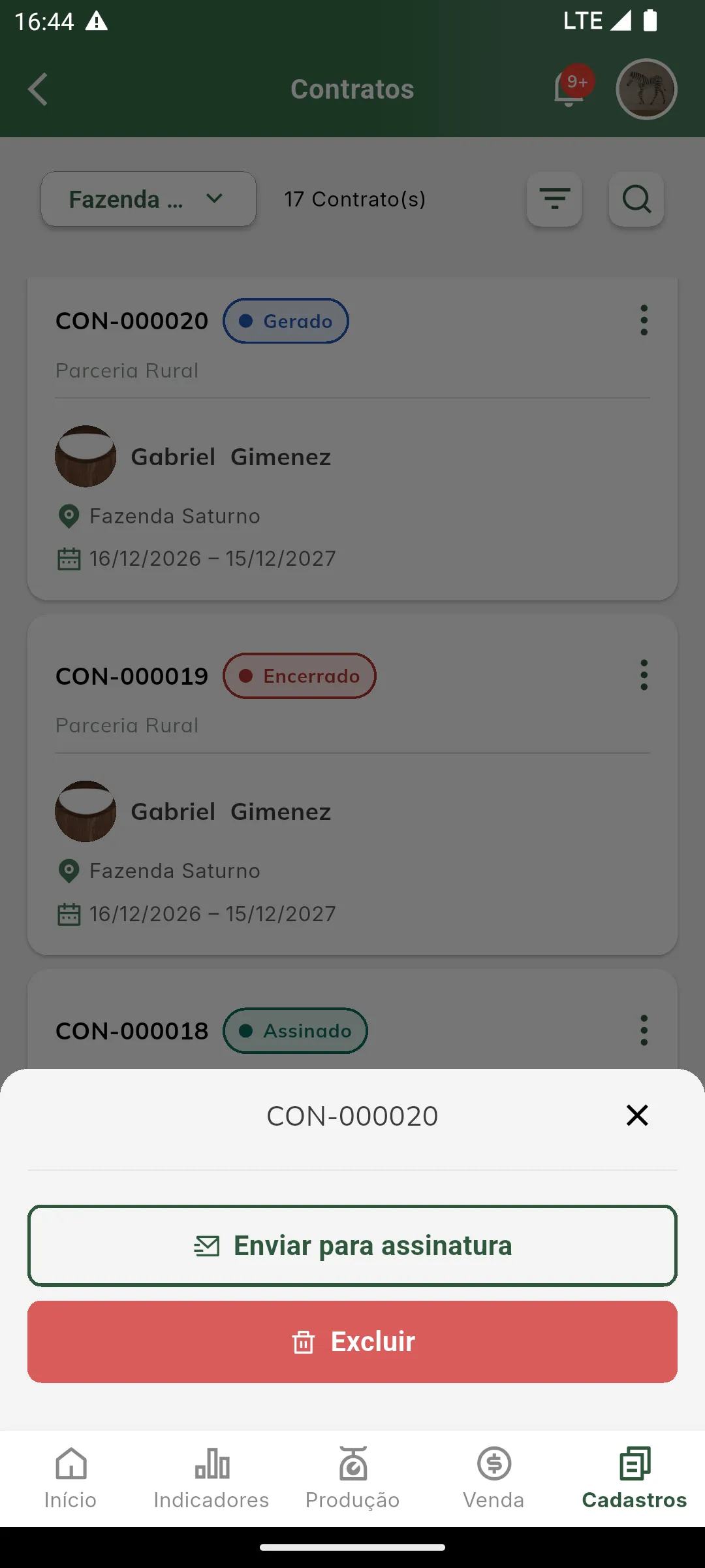 Menu de ações do contrato
