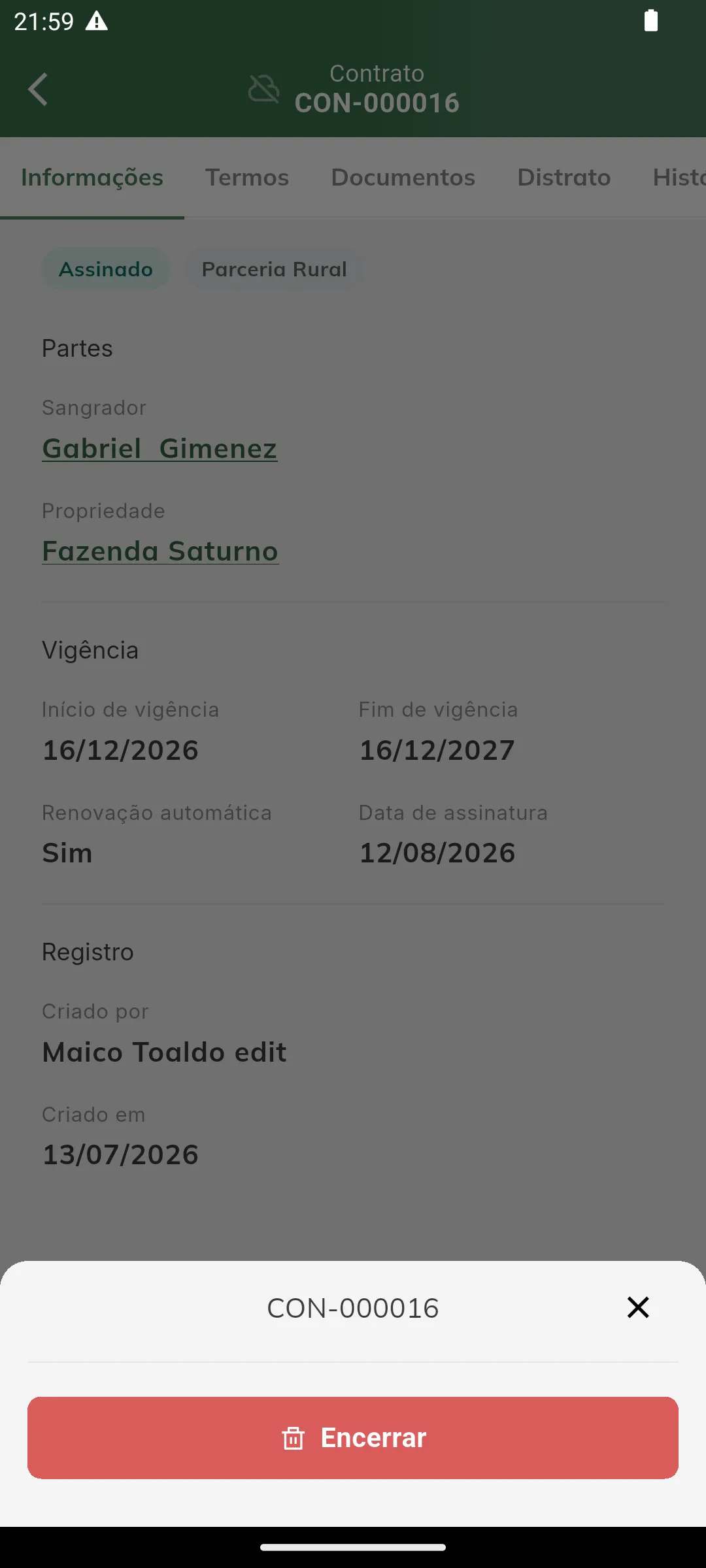 Menu de ações do contrato com a opção Encerrar