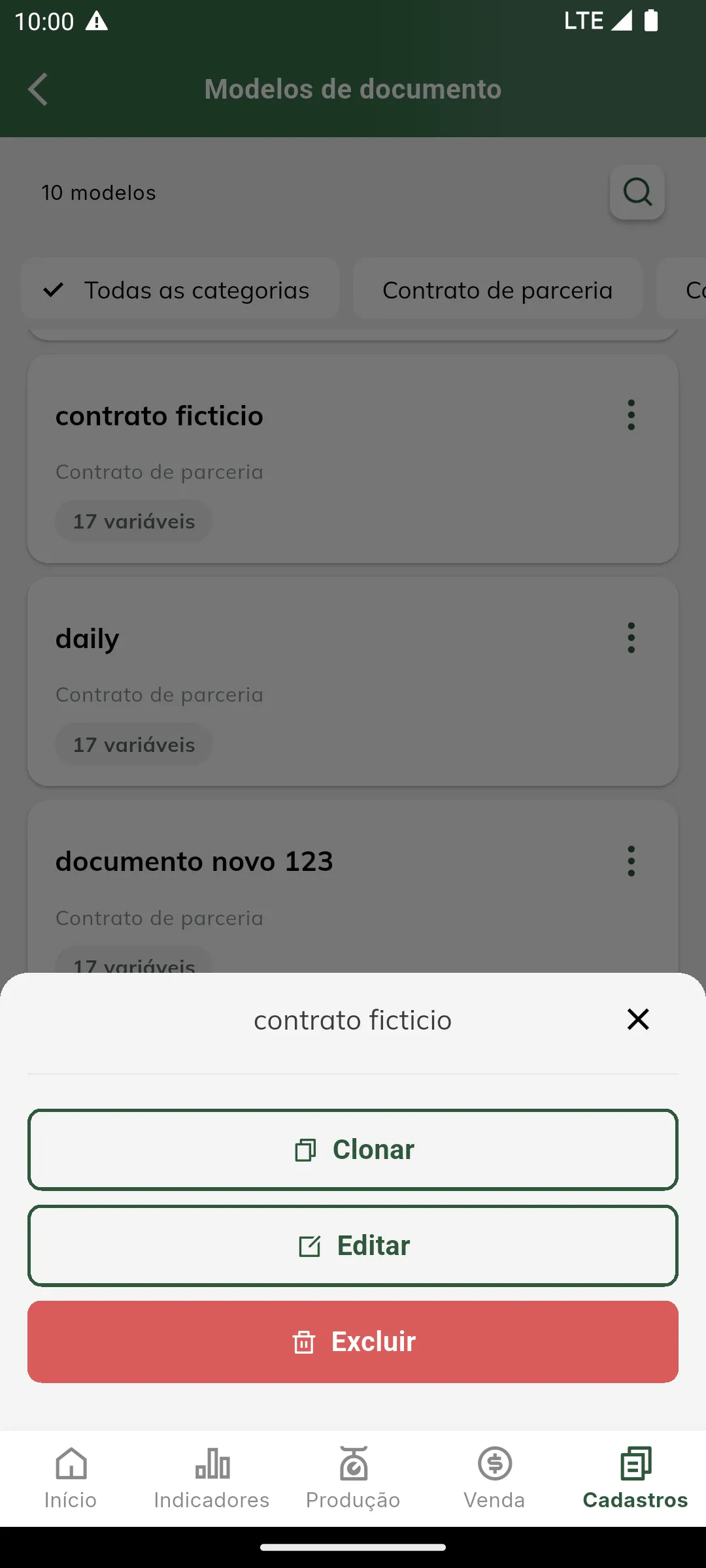 Menu de ações de um modelo: clonar, editar e excluir