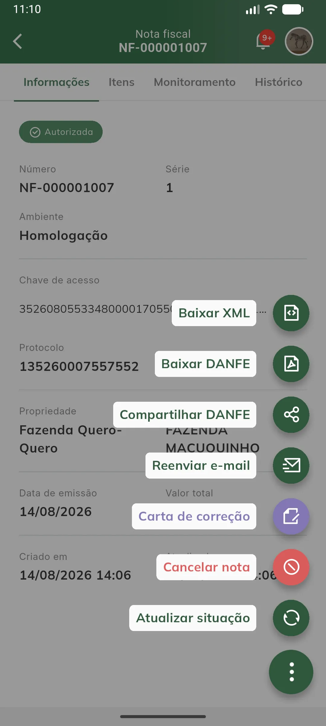 Ações de uma nota autorizada