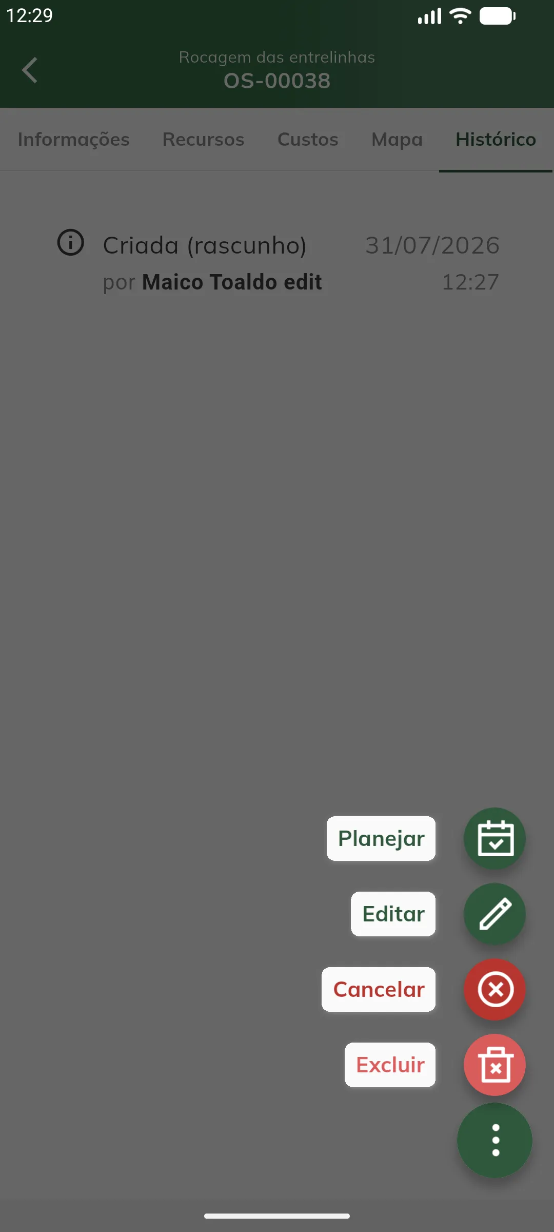 Menu de ações da OS