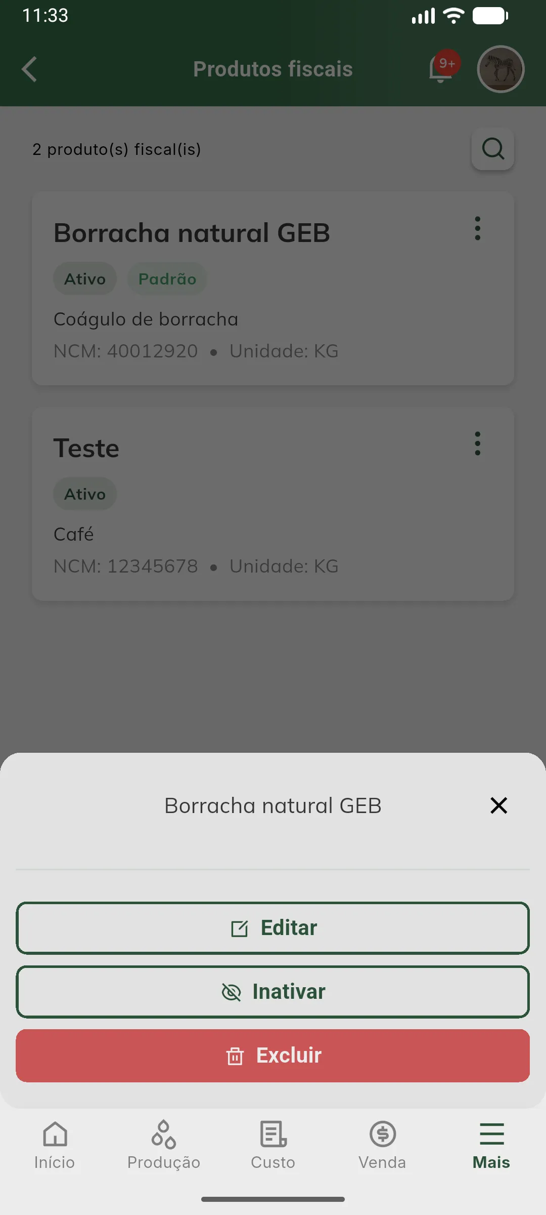 Ações do produto fiscal