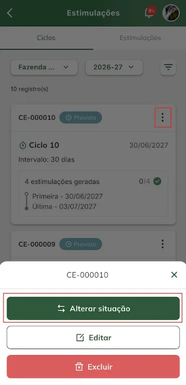 Alterar situação de ciclo Alterar situação de ciclo