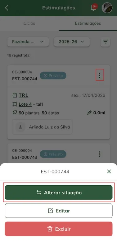 Alterar situação de estimulação Alterar situação da estimulação