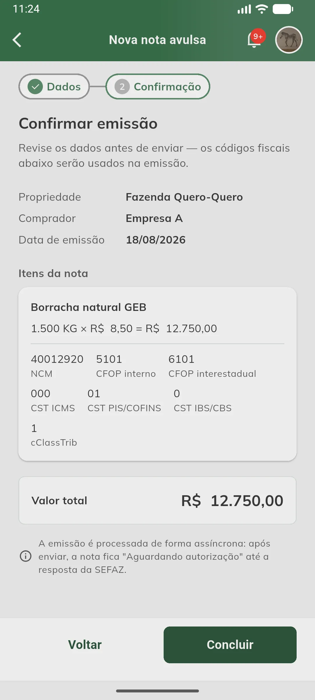 Confirmação da emissão avulsa