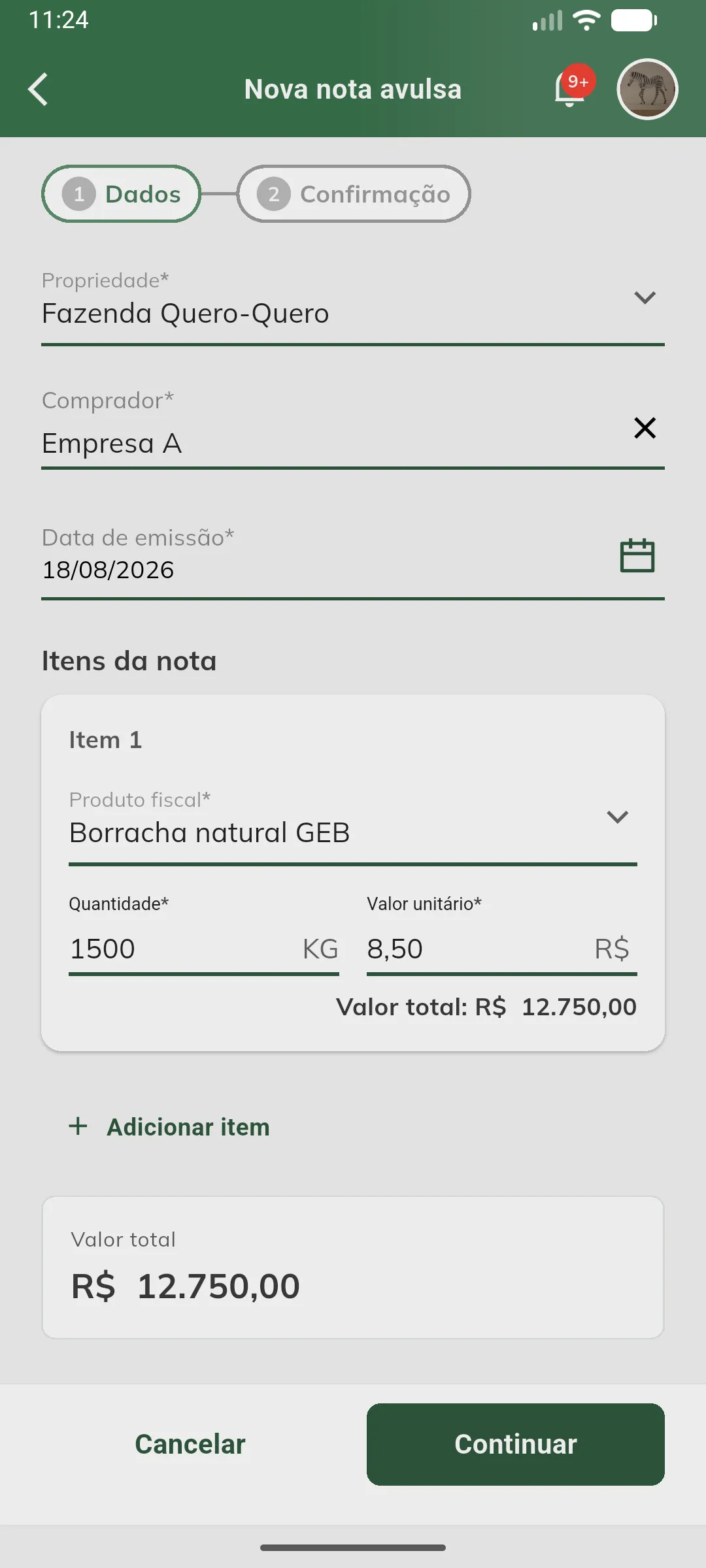 Formulário da nota avulsa