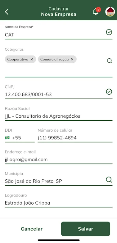 Salvar cadastro de empresa