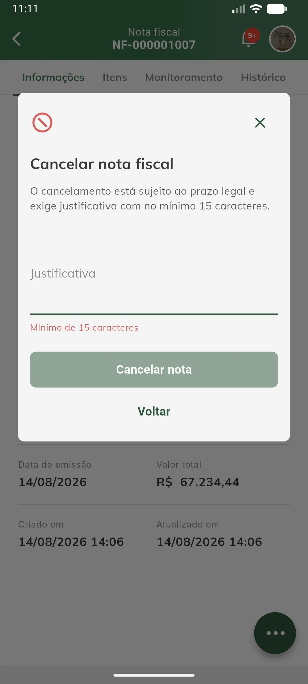 Cancelamento com justificativa