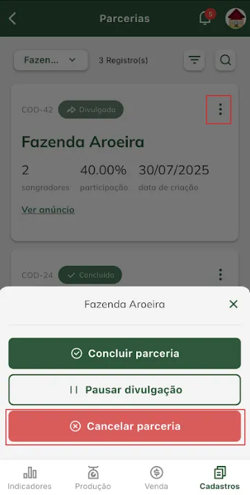 Tela: cancelar parceria Cancelar parceria