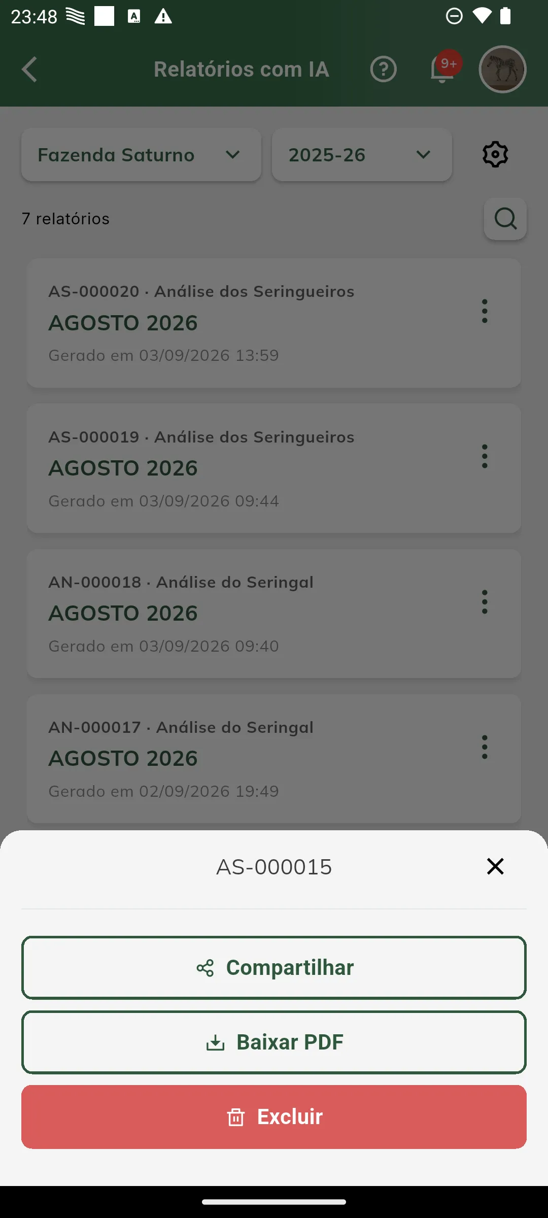 Menu de ações de um relatório