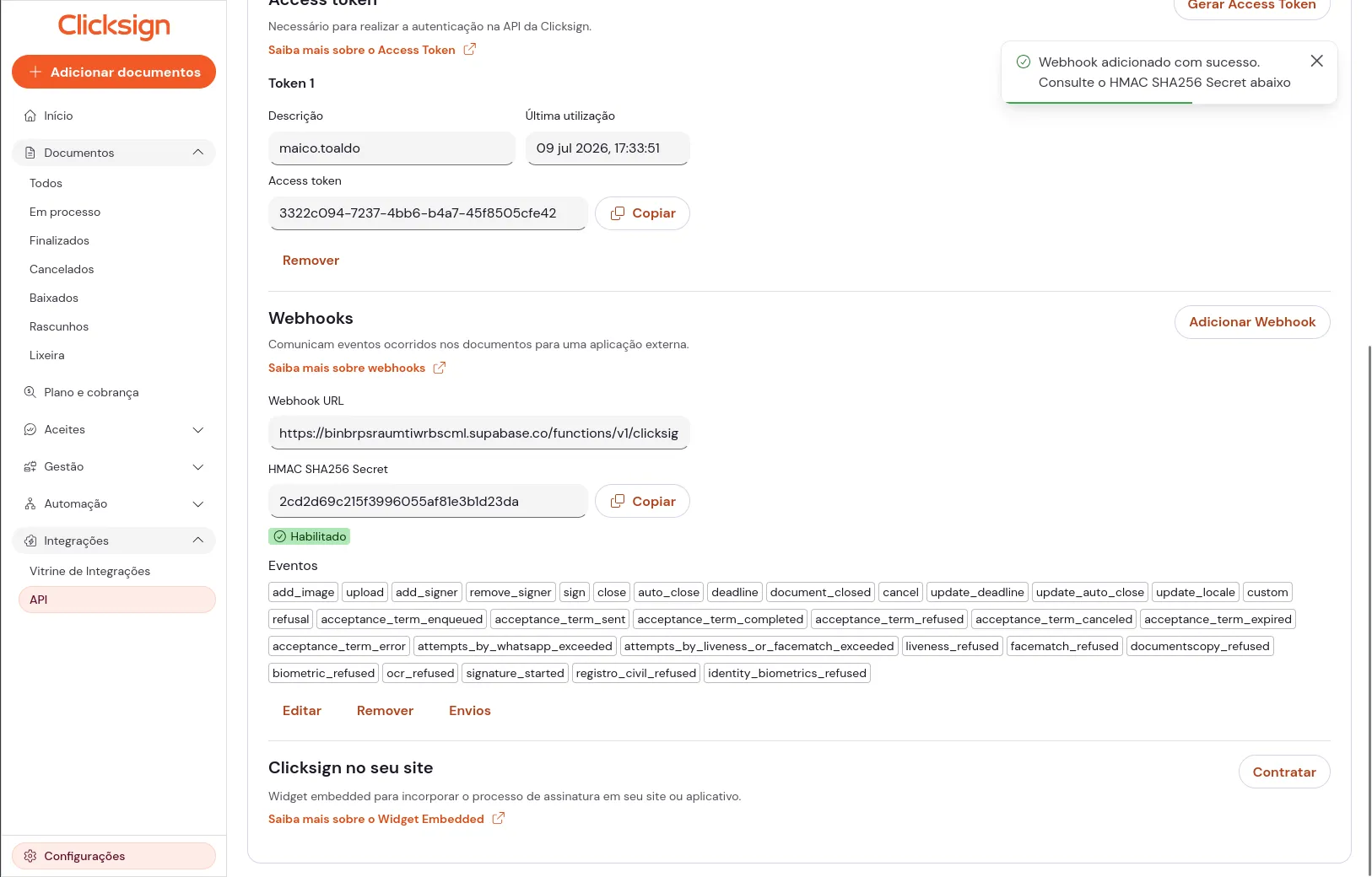 Painel da Clicksign — Access token e Webhooks