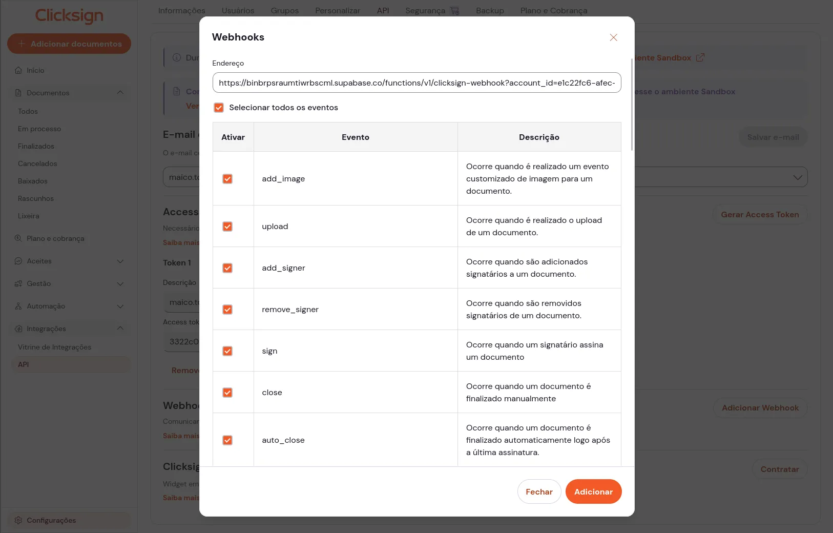 Adicionar webhook e selecionar eventos