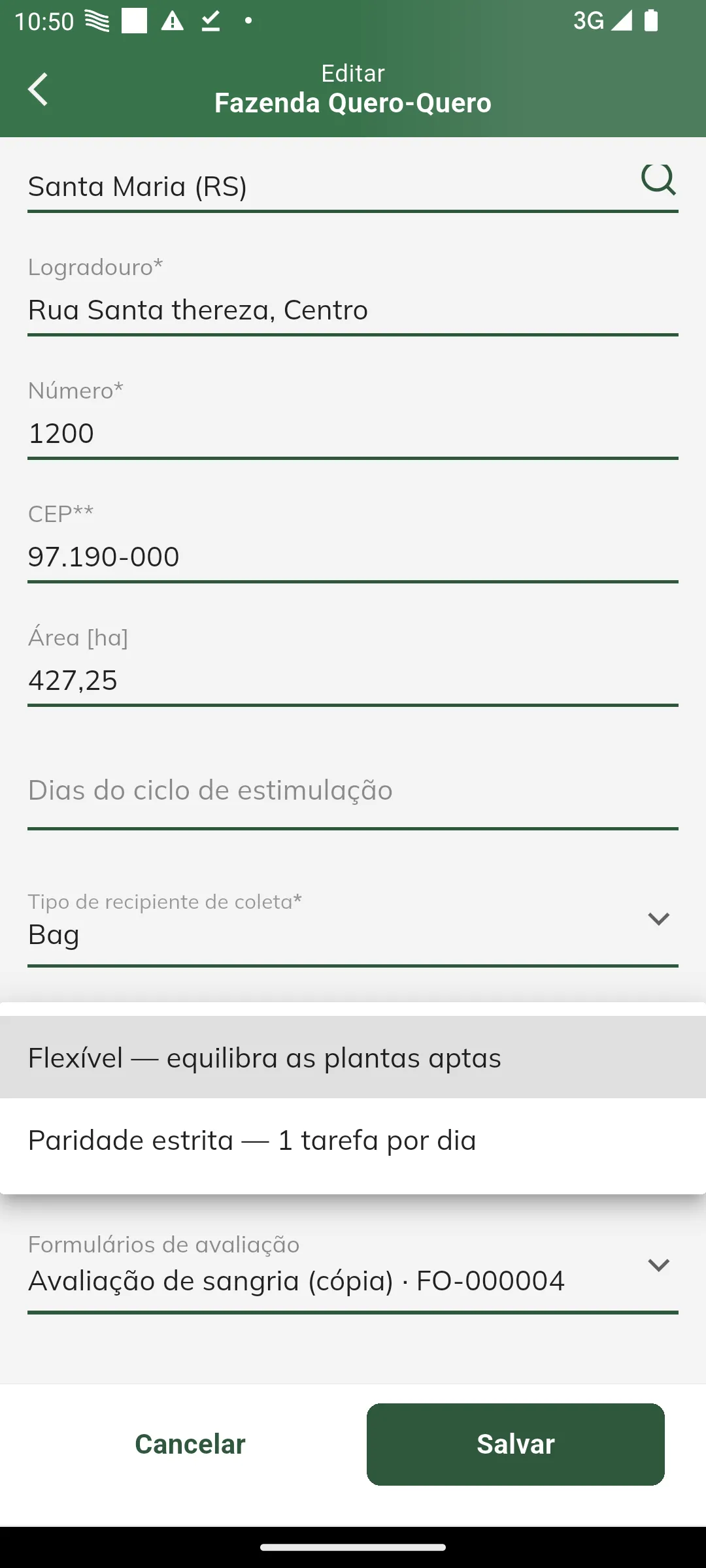 Opções do campo Composição do rodízio