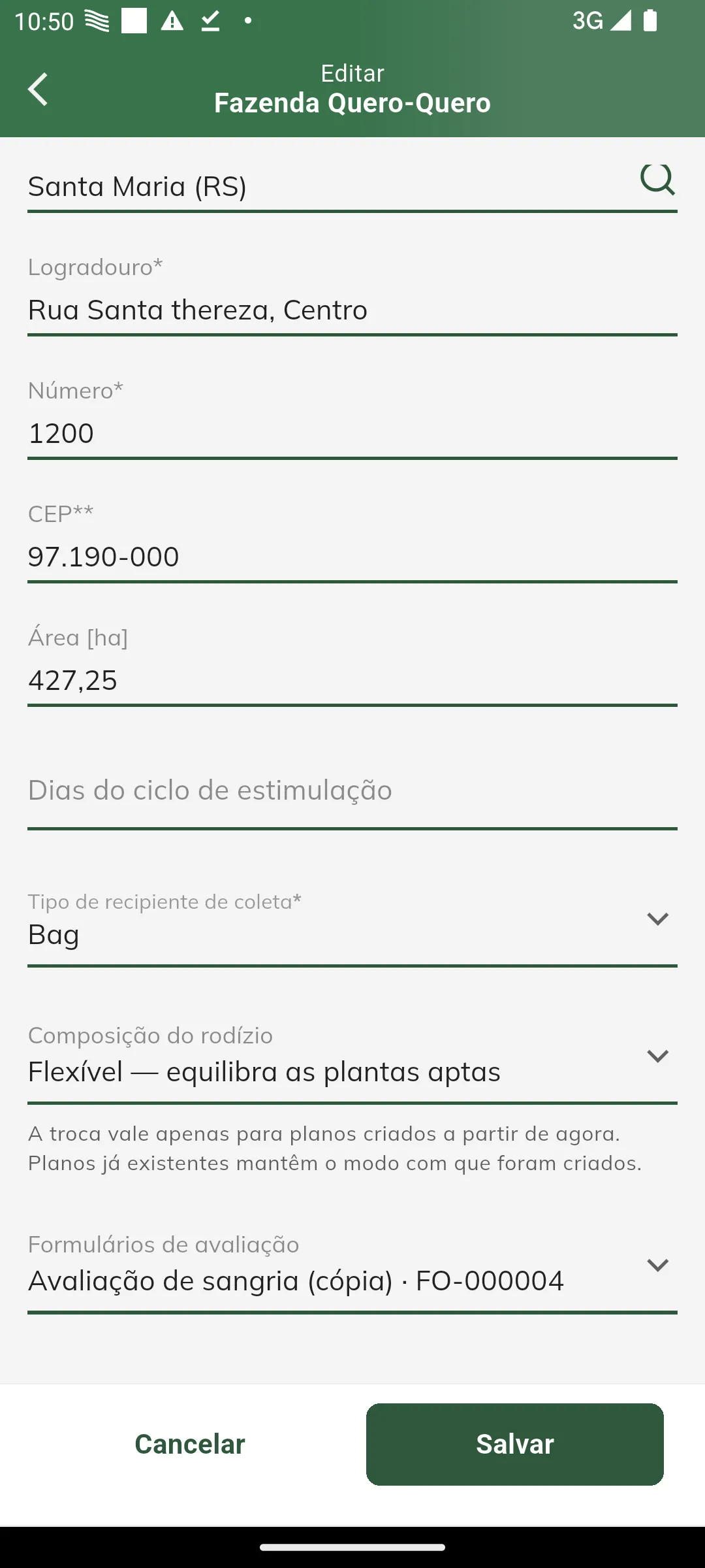 Campo Composição do rodízio no cadastro da propriedade