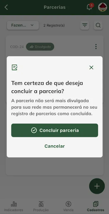 Tela: confirmar conclusão de parceria Confirmar conclusão da parceria