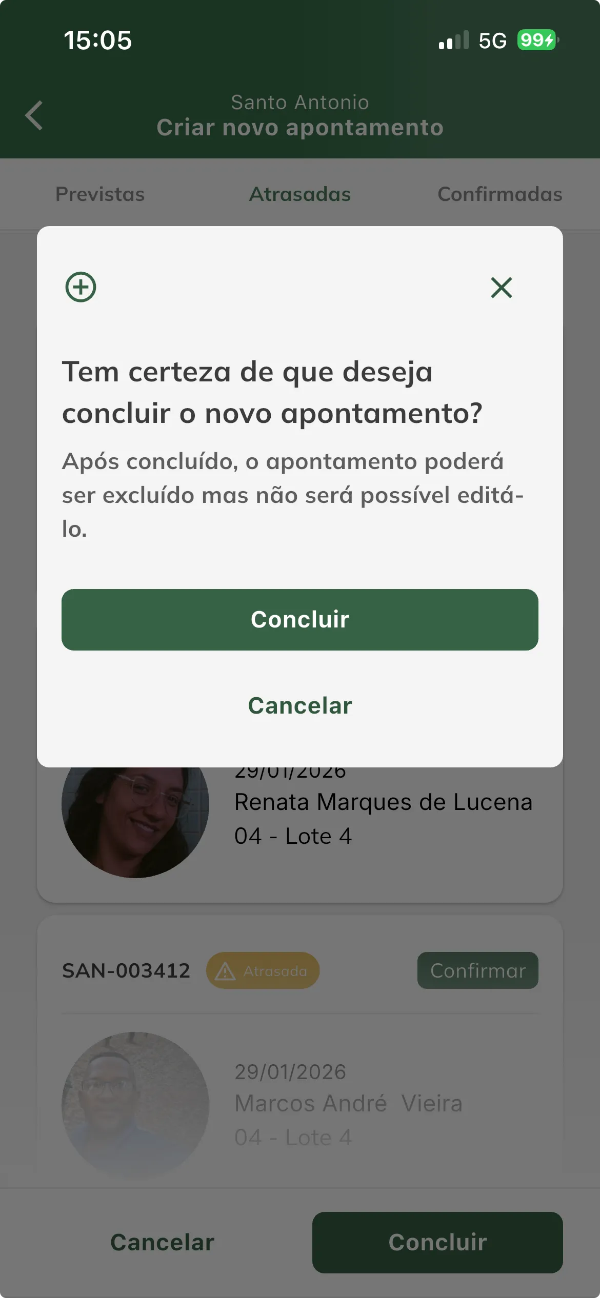 Concluir apontamento