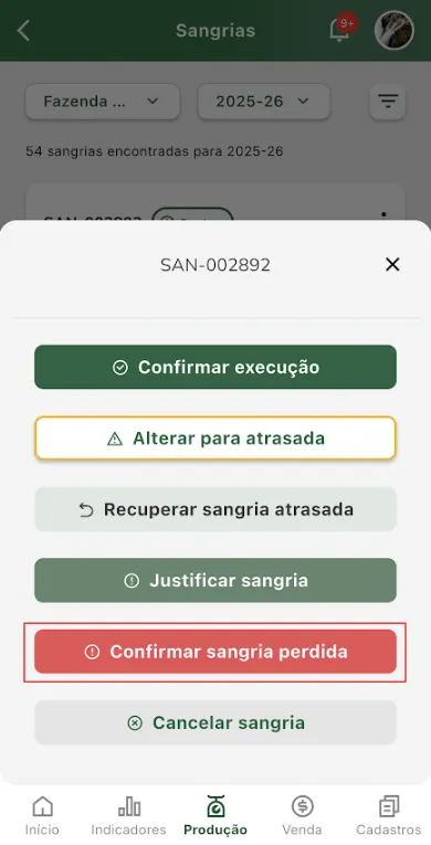 Alterar sangria para perdida