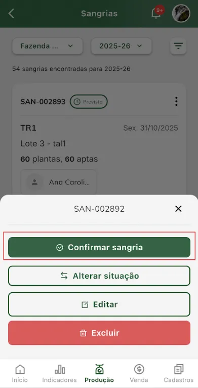 Iniciar confirmação de execução de sangria