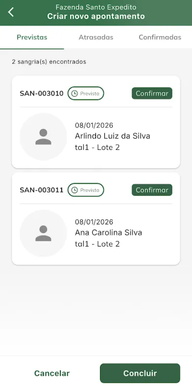 Sangrias do apontamento previstas para o dia