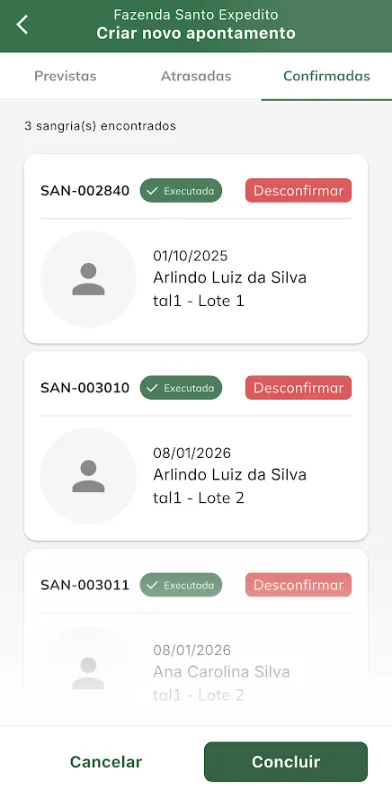 Sangrias do apontamento que foram confirmadas