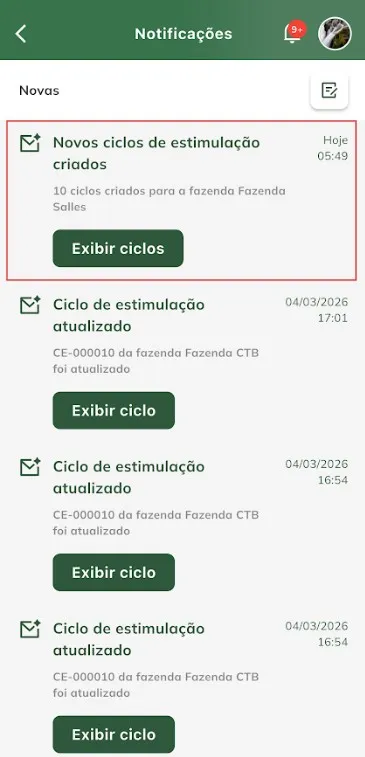 Iniciar criação de ciclo Notificação de novos ciclos criados