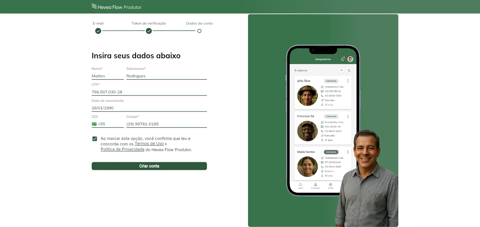 Criar conta - tela login