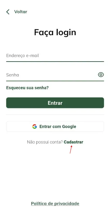 Criar conta - tela login