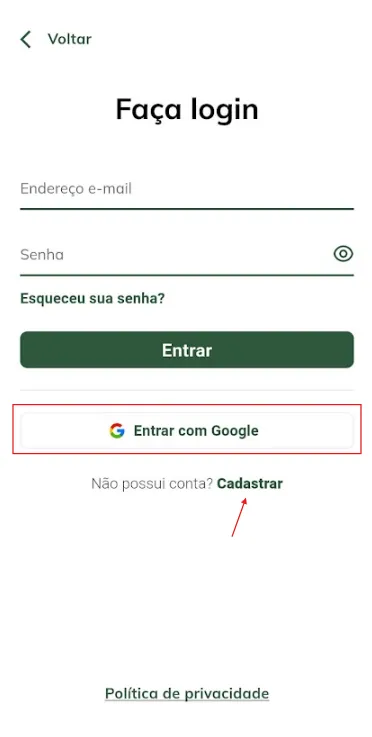 Criar conta - opções de iniciar a criação de conta