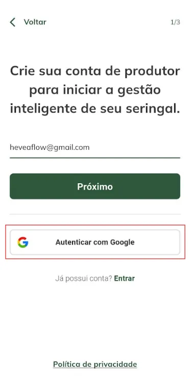 Criar conta - Autenticar com o google