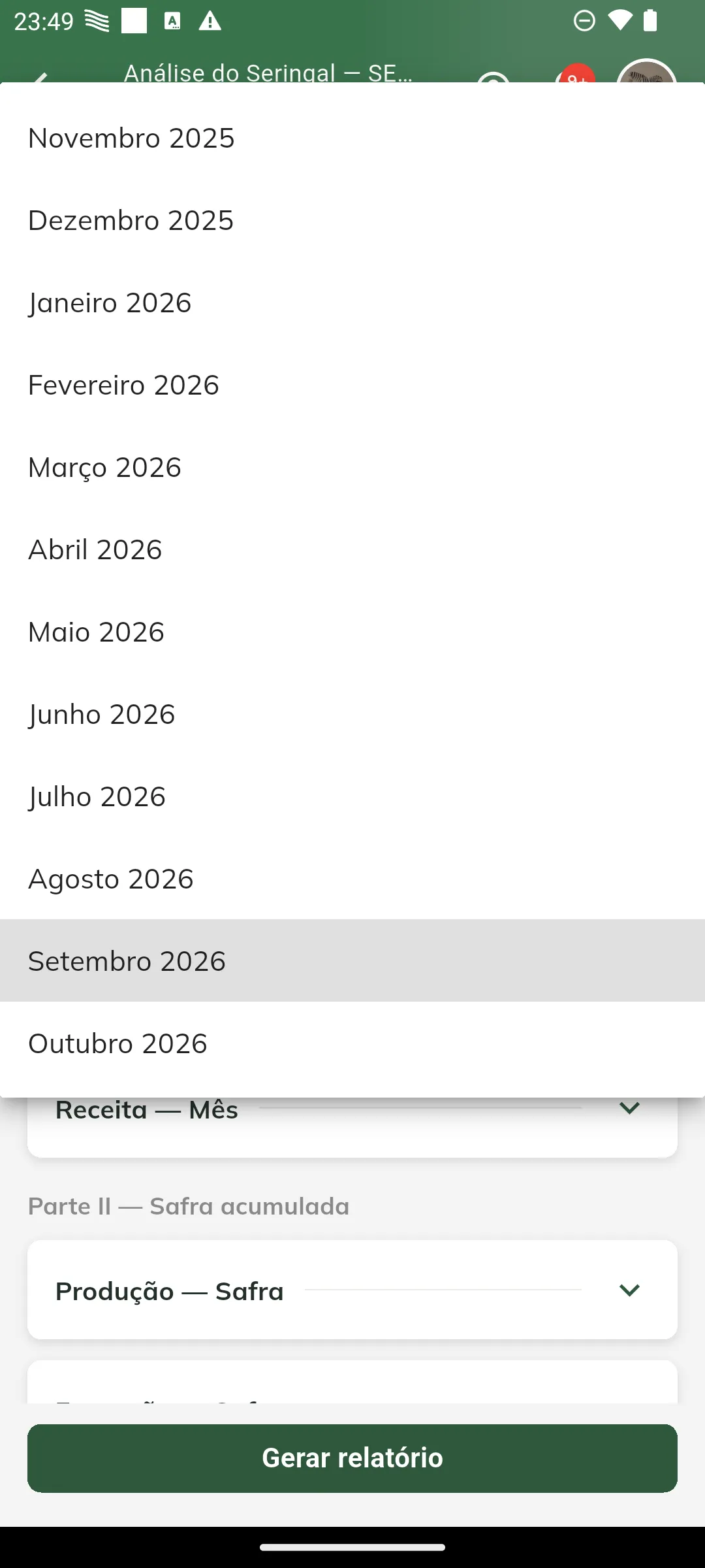 Lista dos períodos da safra