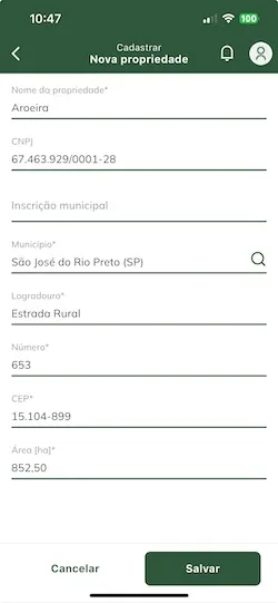 Tela: Preencher e salvar cadastro de propriedade Preencher e salvar cadastro de propriedade