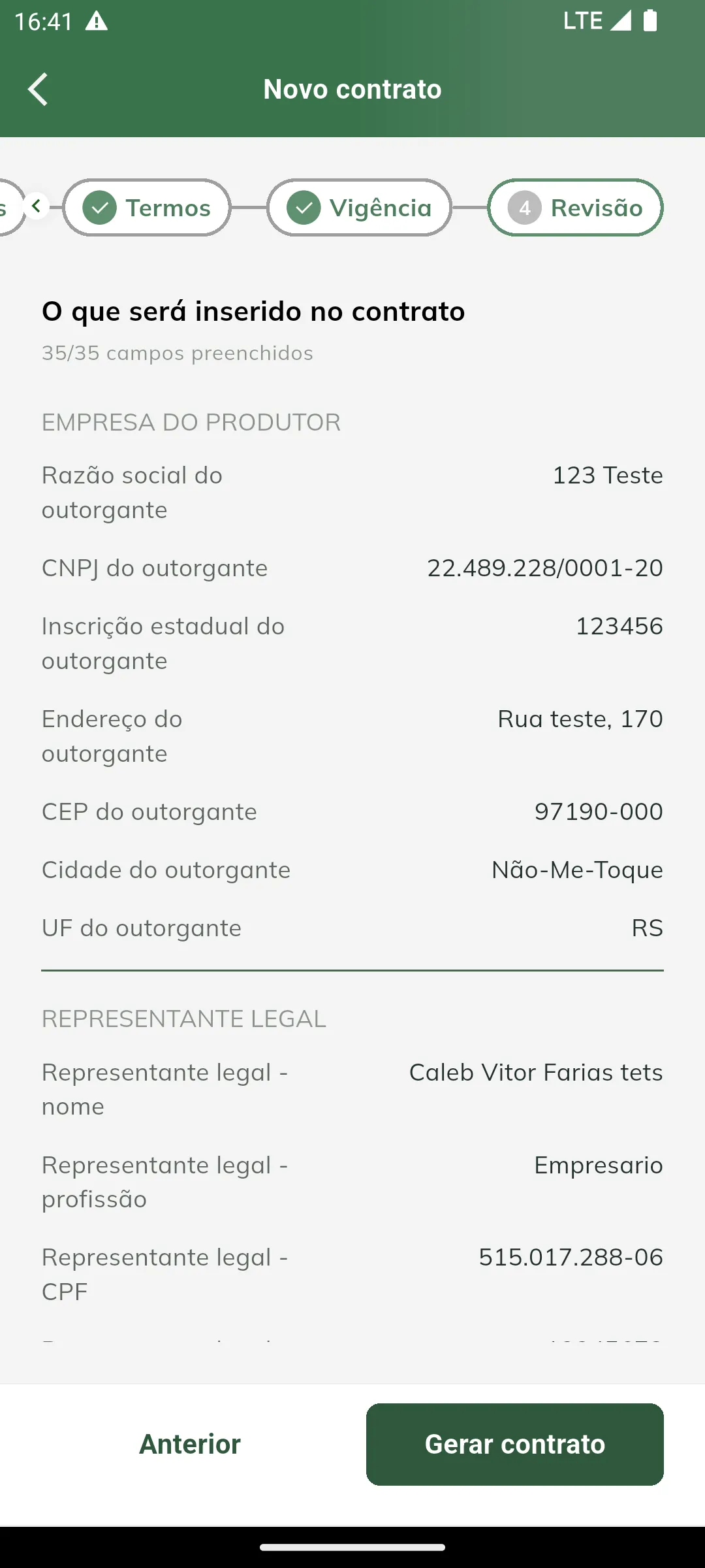 Revisão e geração do contrato
