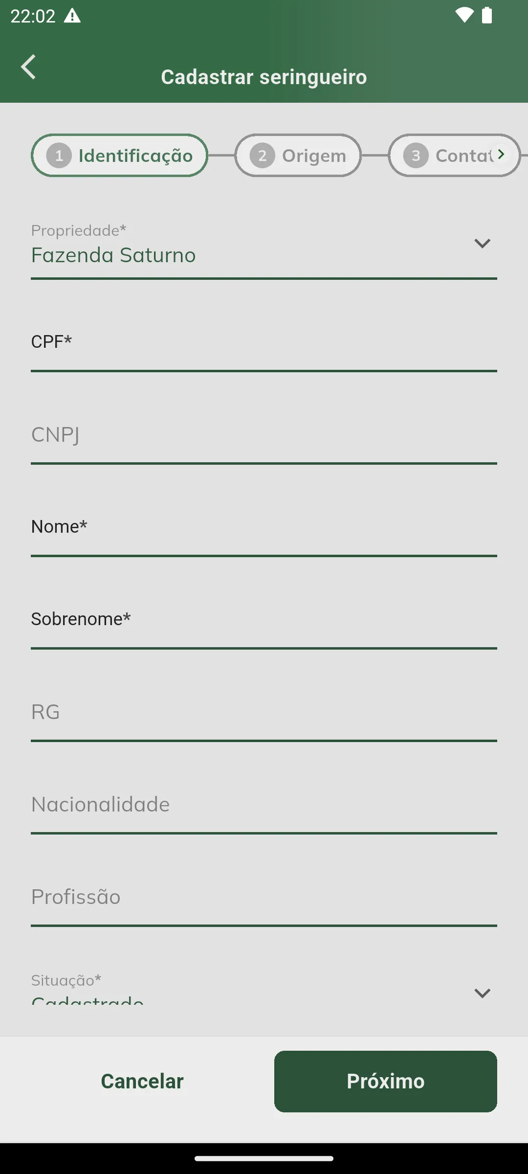 Etapa Identificação do cadastro do sangrador, com os campos CPF, CNPJ, RG, nacionalidade e profissão