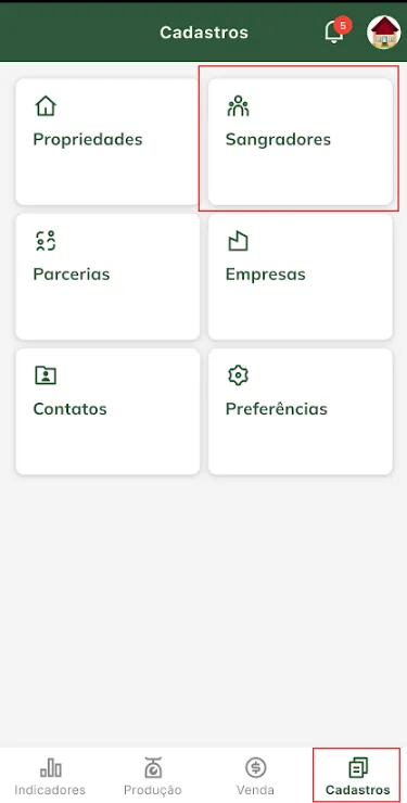 Menu cadastros Iniciar cadastro de sangrador
