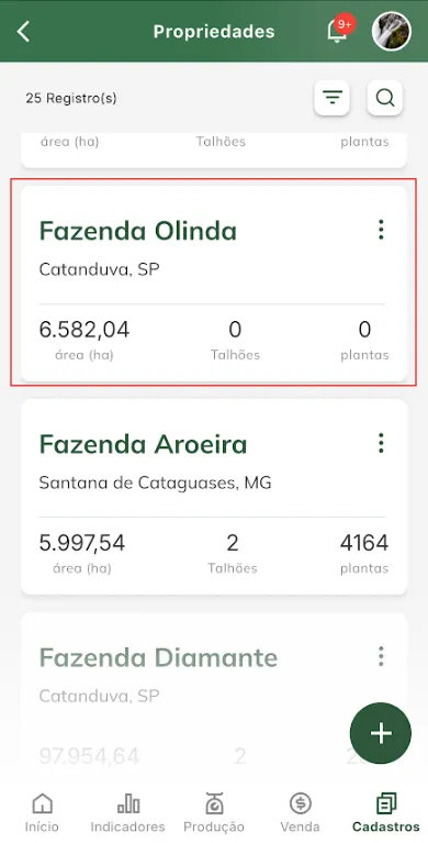 Tela: Propriedades Tela de cadastros de propriedades