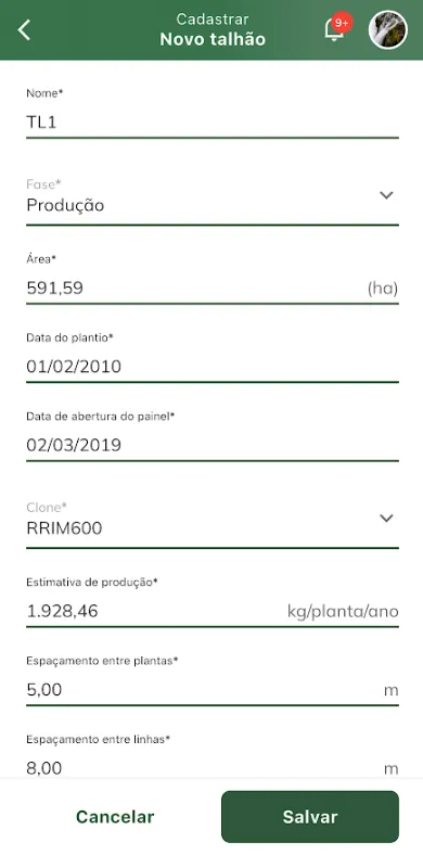 Salvar cadastro de talhão Salvar cadastro de talhão