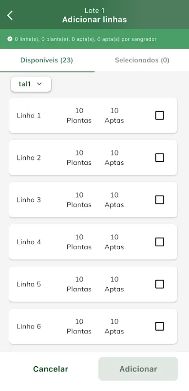 Seleção de linhas para o lote da tarefa