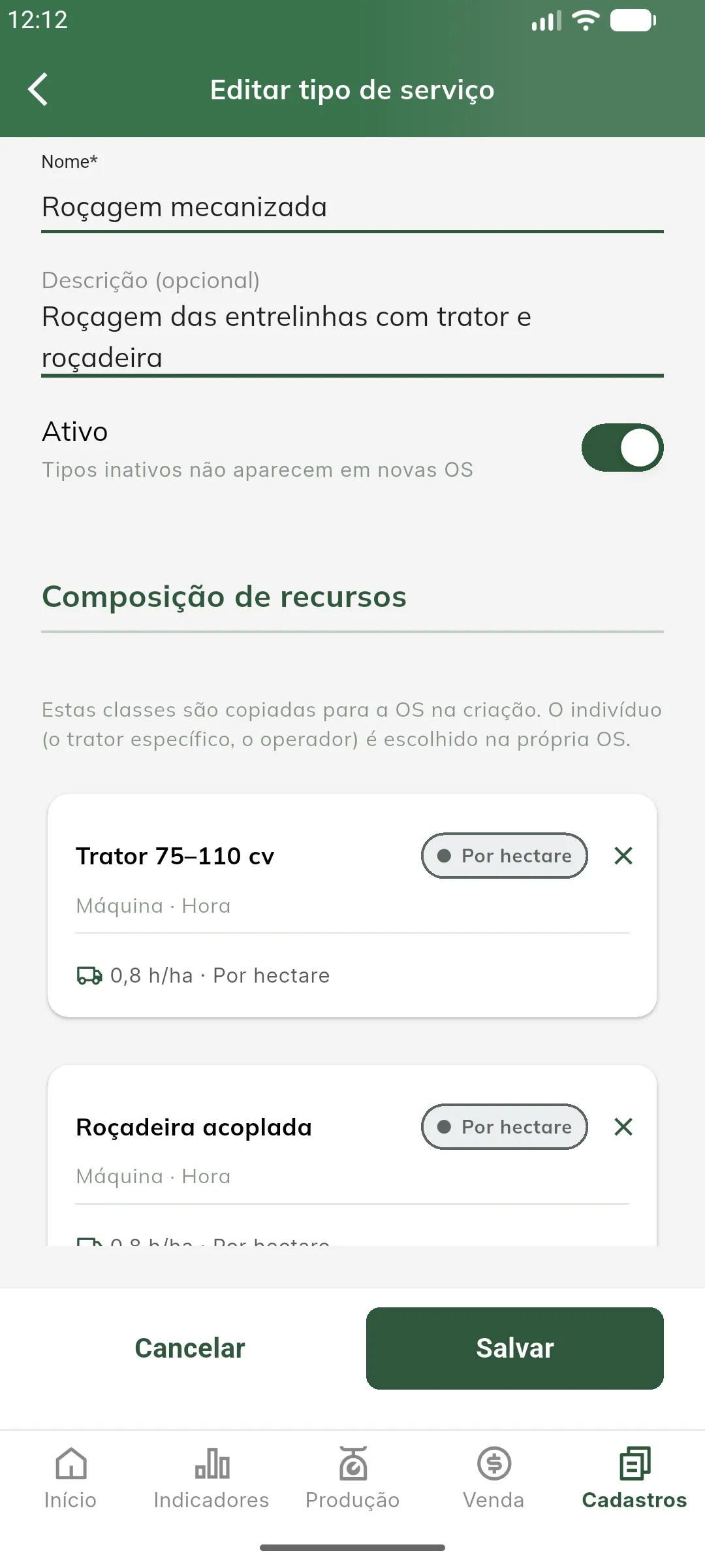 Cadastro do tipo de serviço
