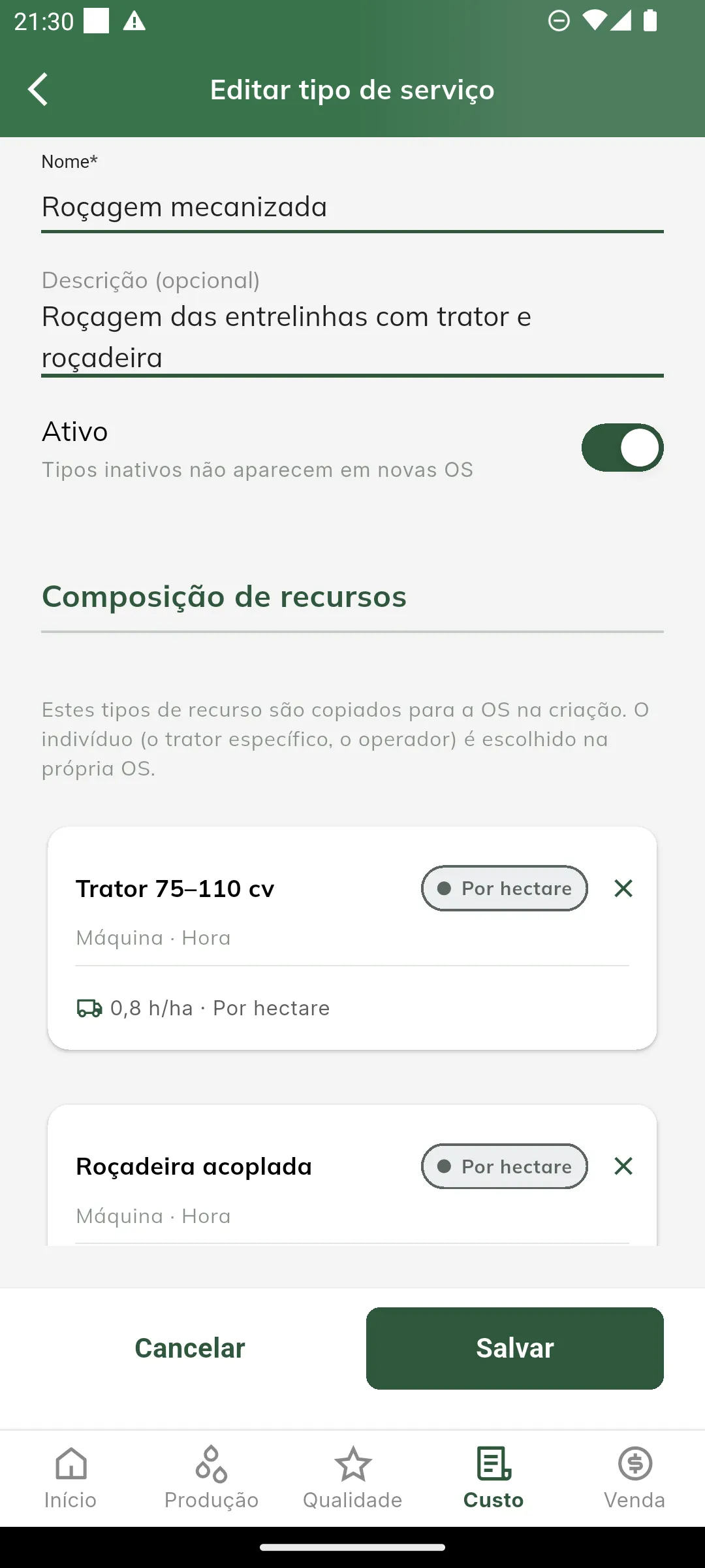 Cadastro do tipo de serviço