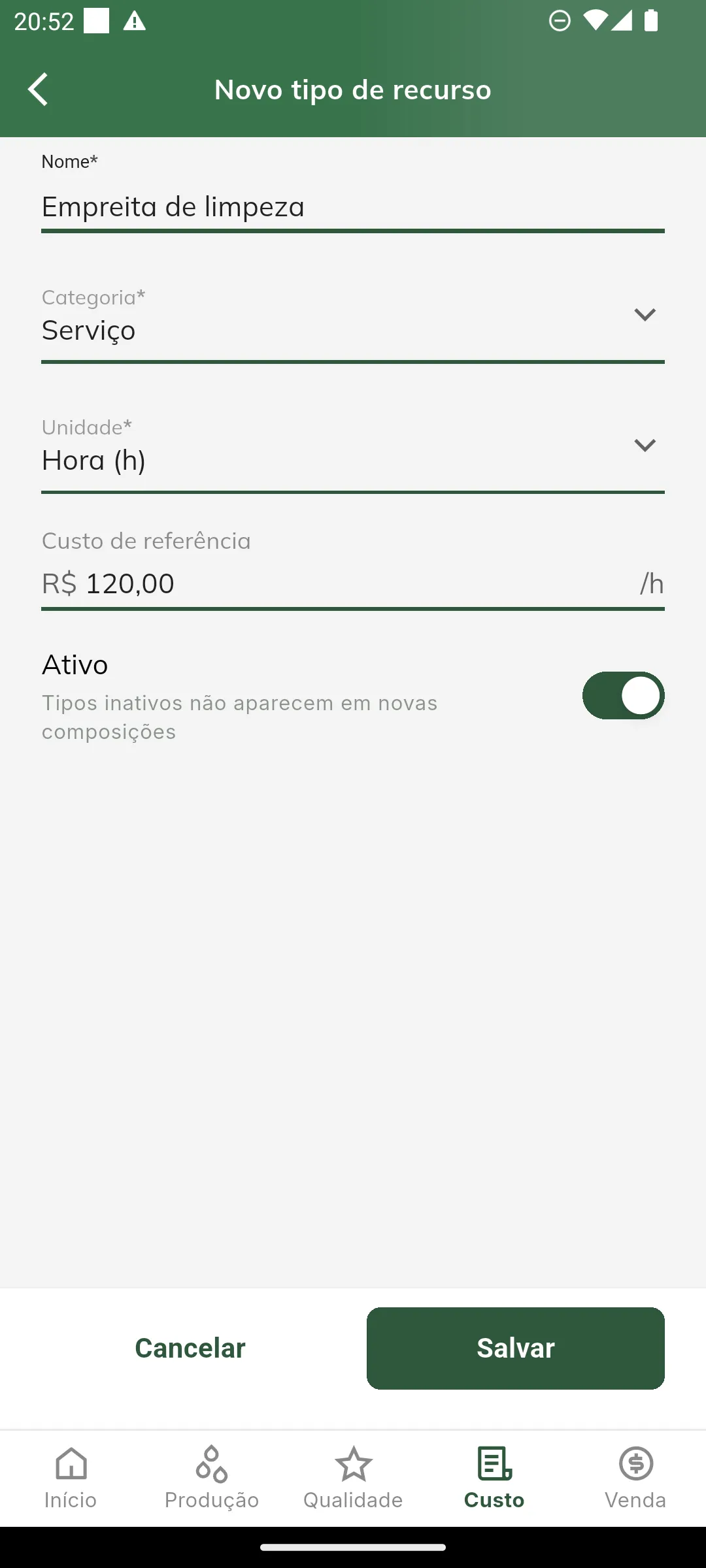 Cadastro de tipo de recurso