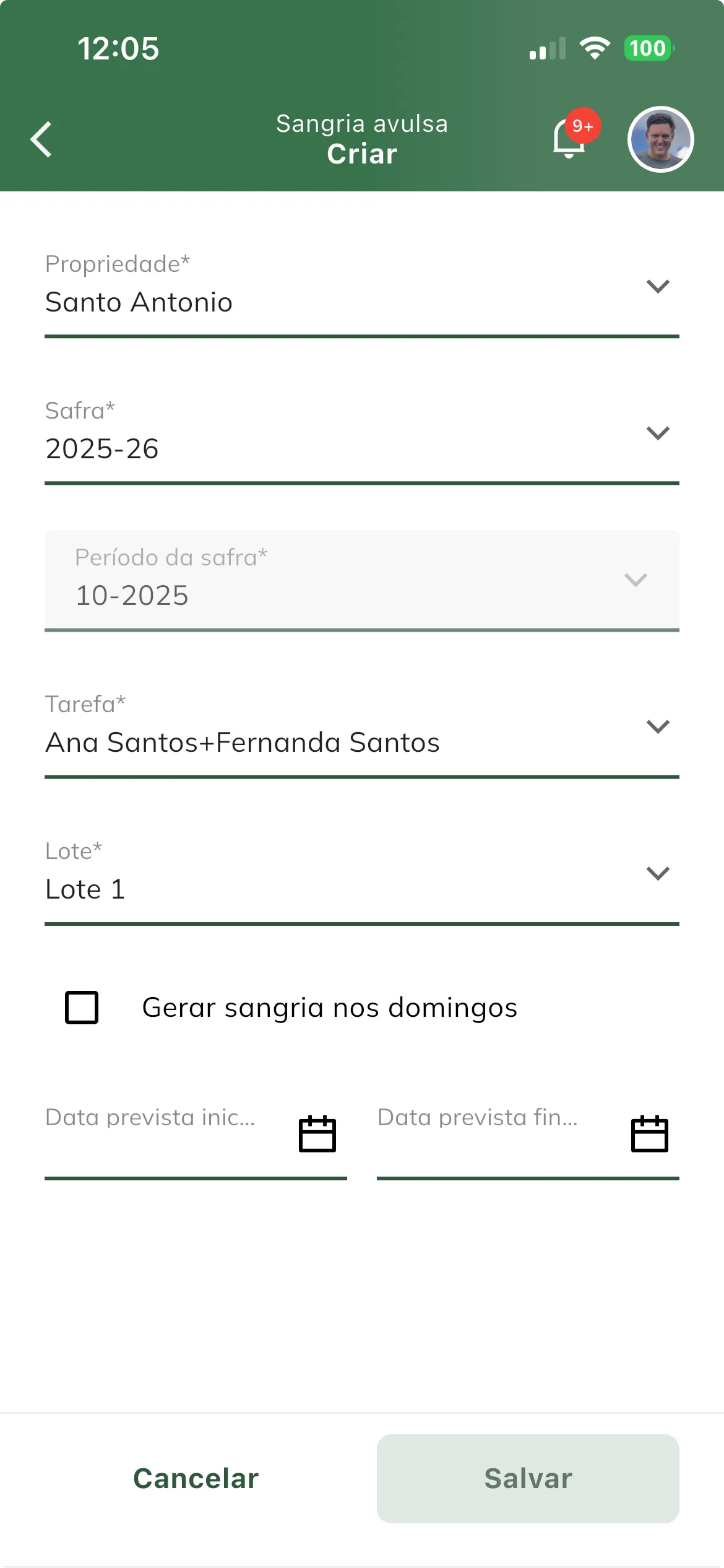 Criar sangria avulsa