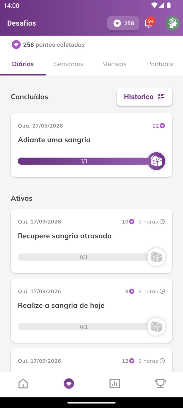 Tela de desafios diários