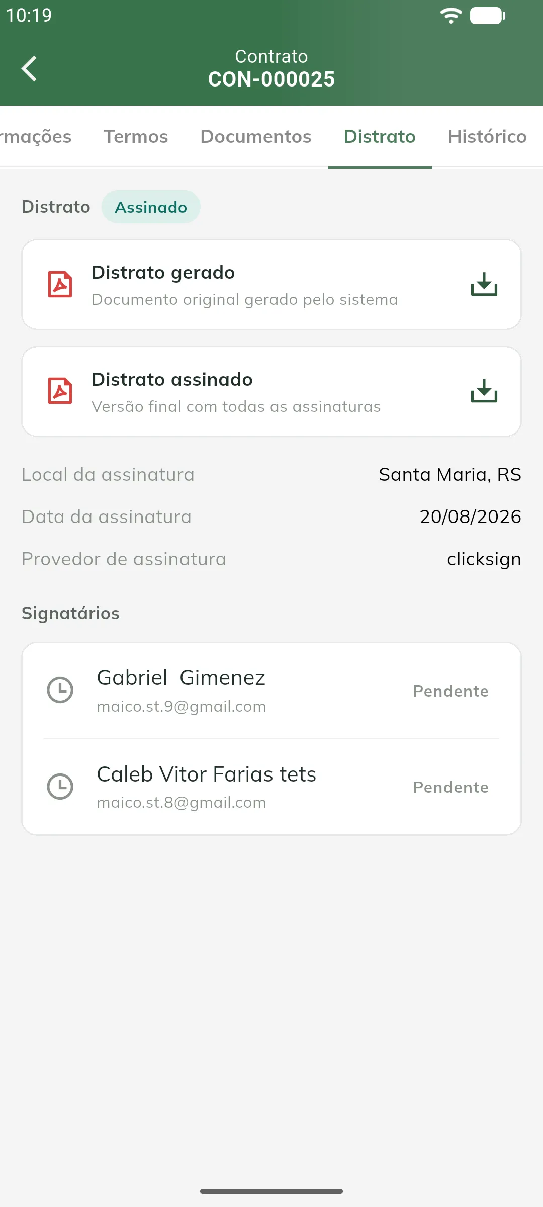 Distrato assinado, com o documento gerado e a versão final assinada