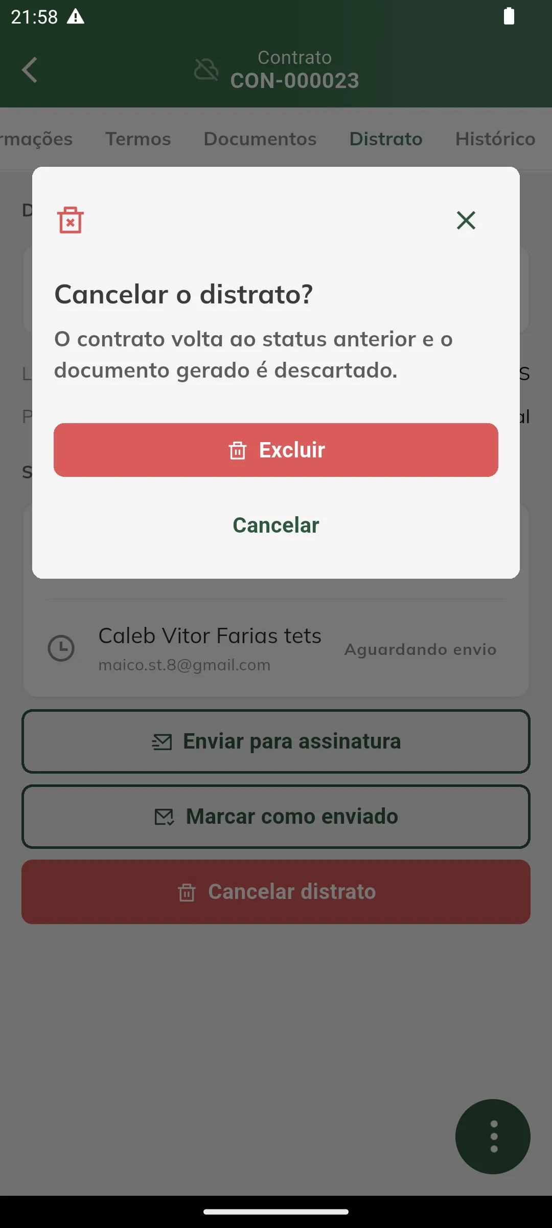 Confirmação de cancelamento do distrato