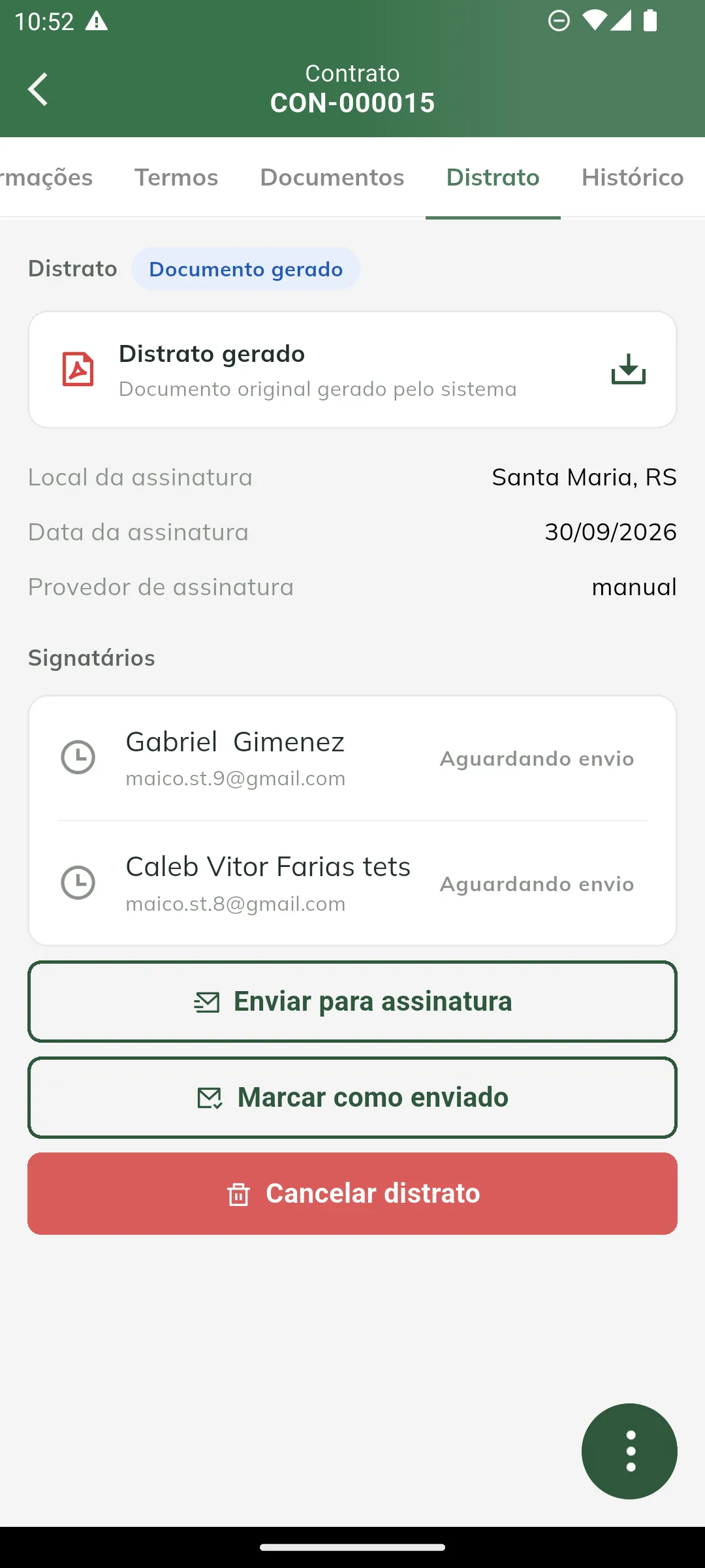 Distrato com documento gerado e ações de envio