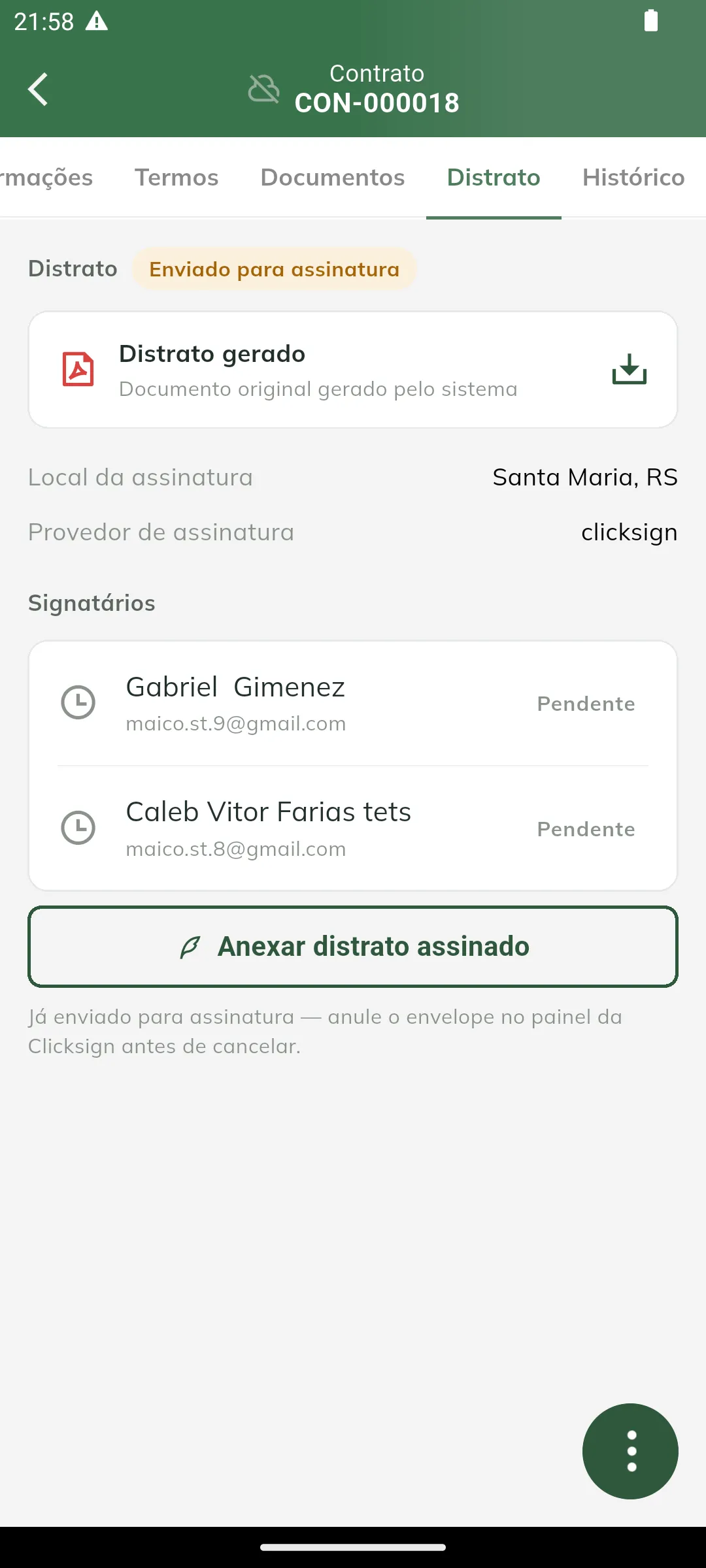 Distrato enviado para assinatura, aguardando os signatários