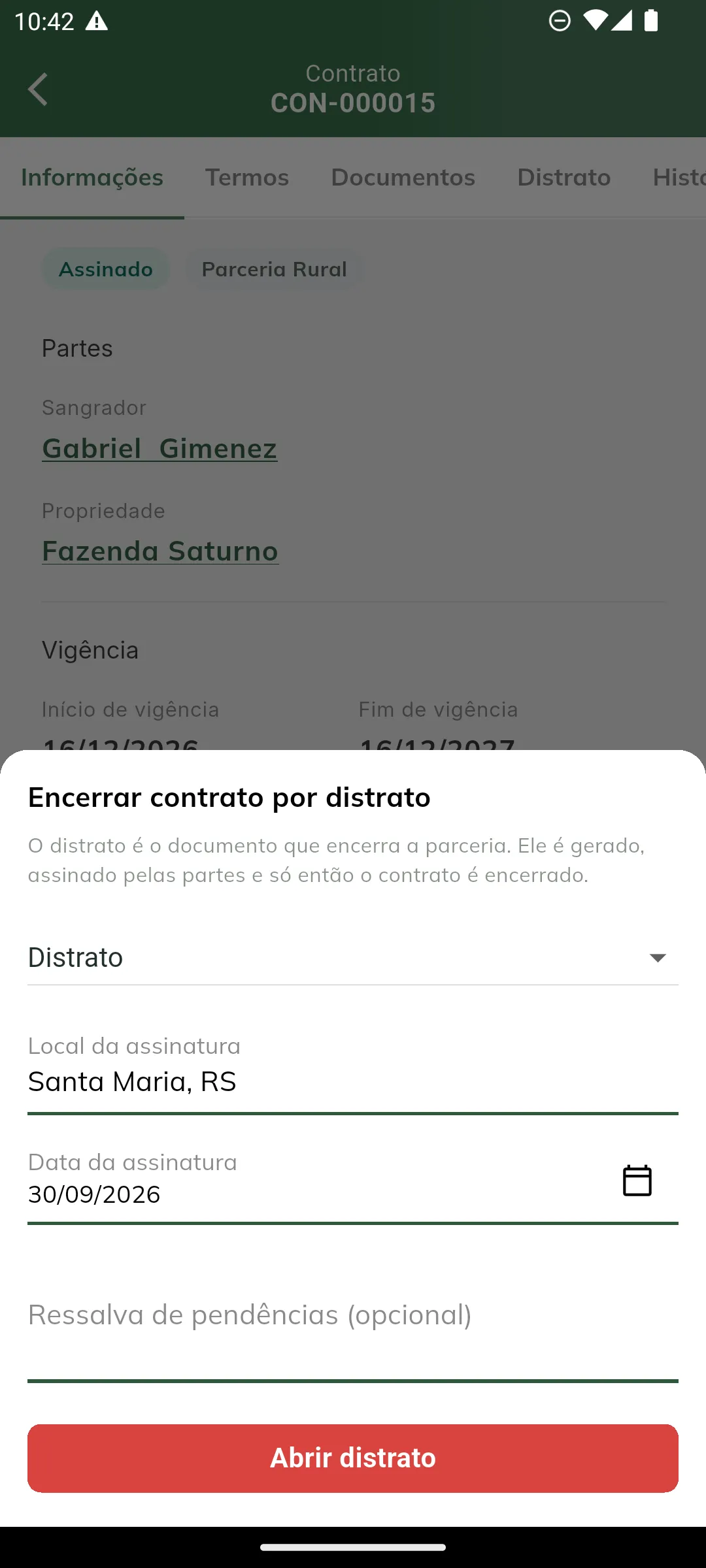 Formulário Encerrar contrato por distrato
